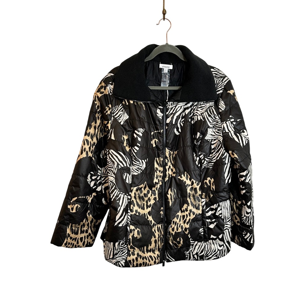 Chico's Reversible Puffer Jacket Size 3/XL US 16 Black Animal Print NEW